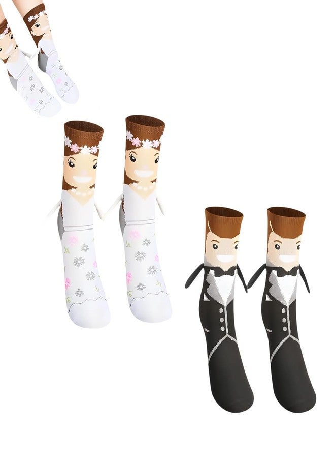 BharatBazaar 2 Pairs Holding Hands Socks, Funny Socks, Bride Socks, Black and White, Wedding Accessories, Engagement Gift, Special Wedding Presents - Image 1